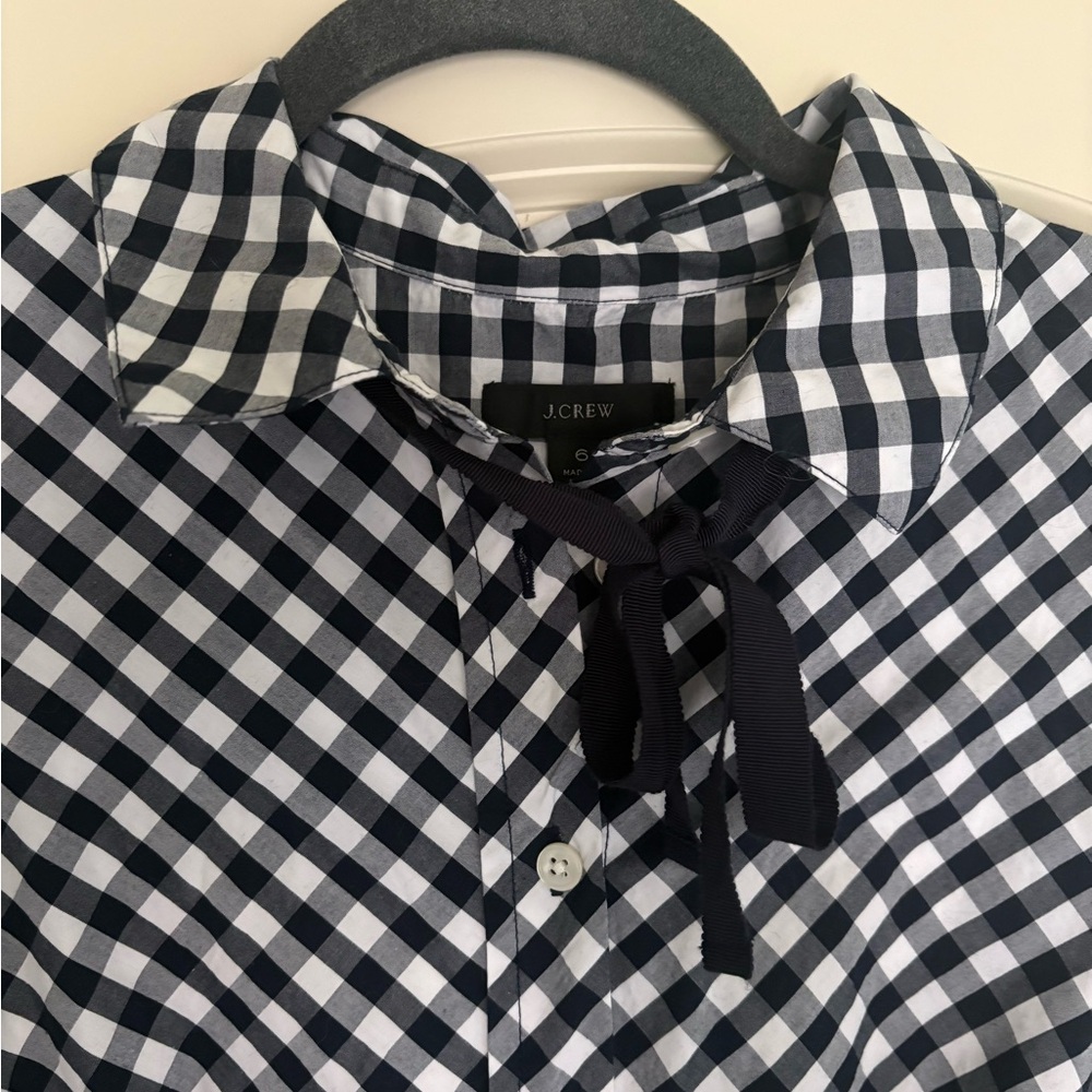 J. Crew Gingham Dress A-Line Navy & White w/ Bow Feature & Pockets AK218 -Size 6